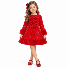 Girls Red diamante dress featuring three decorative diamante bows with faux fur trims adds elegance for a charming, party-ready look. Perfect for special occasions with a touch of glamour.