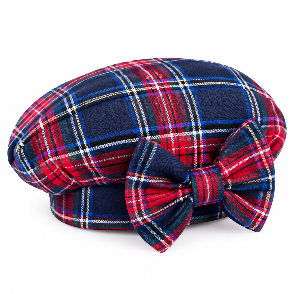 Navy blue tartan plaid hat with a matching bow to match the dress.