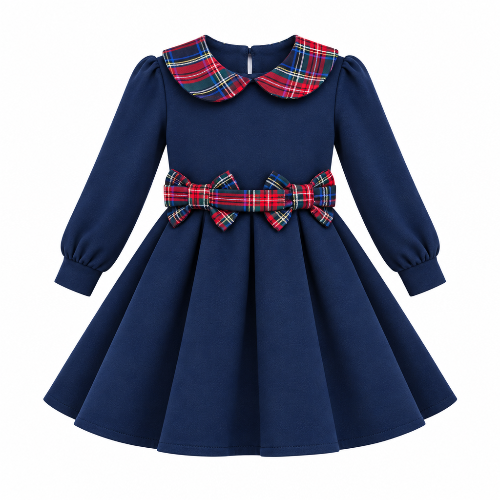 Girls navy blue dress with plaid peter pan collar and double bow waistband. 
