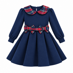 Girls navy blue dress with plaid peter pan collar and double bow waistband. 