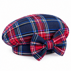 Navy blue tartan plaid hat with a matching bow to match the dress.
