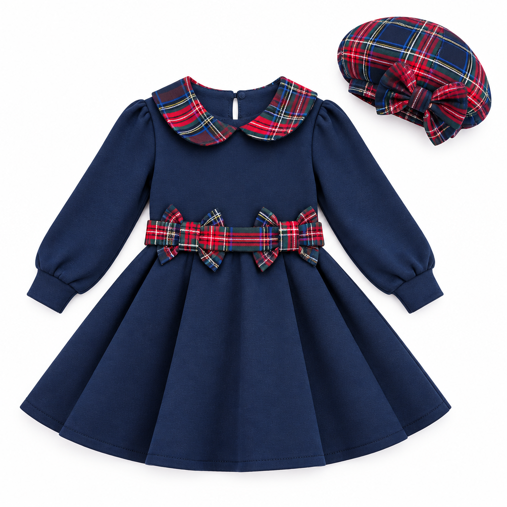 Girl navy blue dress with red, green, and yellow plaid collar and double bow waistband. Comes with matching plaid hat