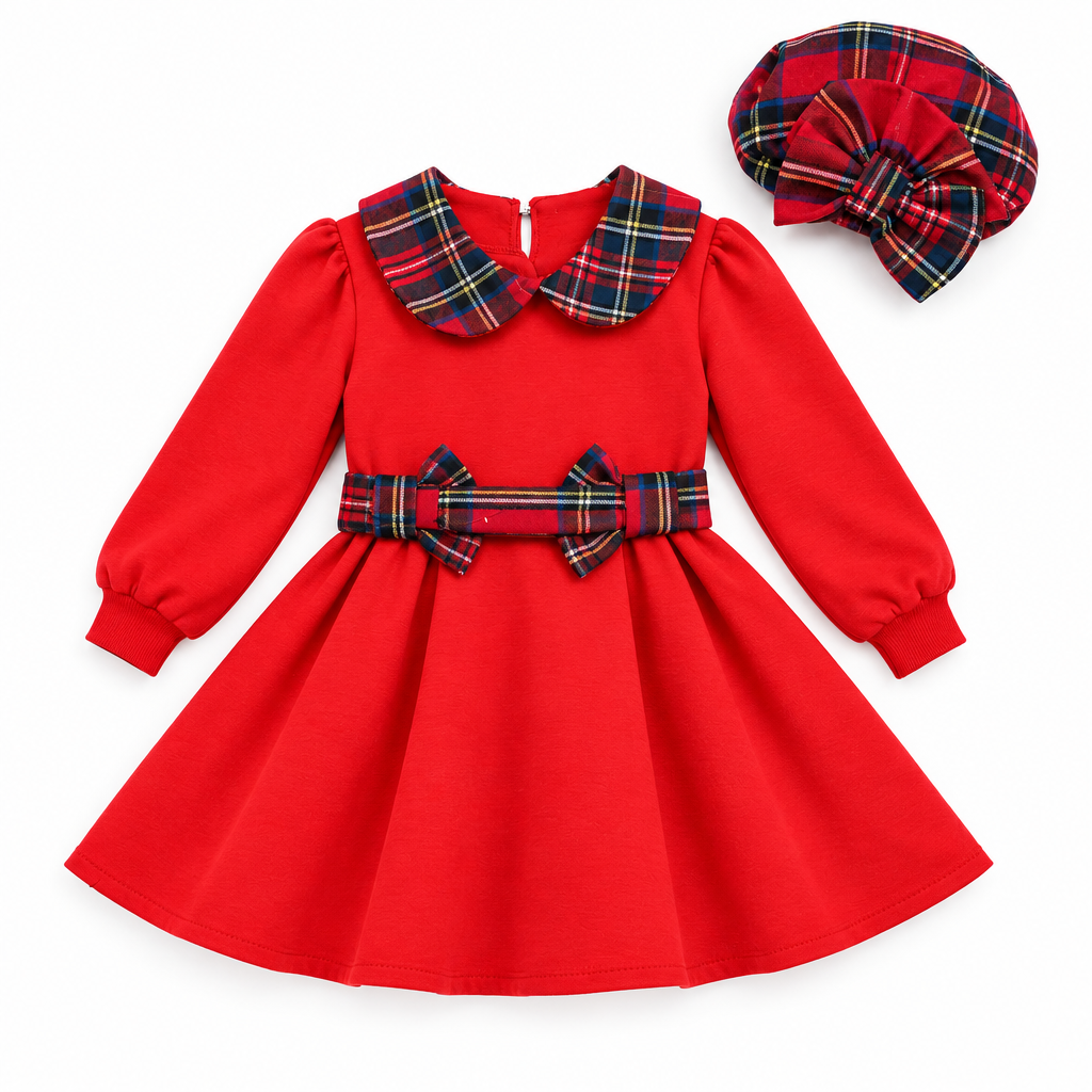 Girl's long-sleeve red dress with a  tartan plaid Peter Pan collar, matching plaid waist bow, and a matching plaid bonnet.