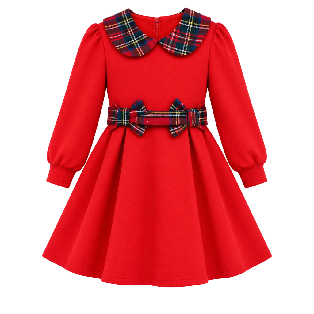 A bright red long-sleeve dress for toddlers or girls, featuring a tartan plaid Peter Pan collar and matching plaid bow details on the waist, paired with matching plaid beret hat.