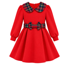 A bright red long-sleeve dress for toddlers or girls, featuring a tartan plaid Peter Pan collar and matching plaid bow details on the waist, paired with matching plaid beret hat.