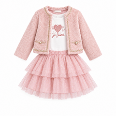 A beautiful two-piece set perfect for little ones wih a little sparkle. The soft, cosy fur jacket pairs beautifully with a dress featuring a shimmering sequined heart design. Soft pink tones create a coordinated, elegant look.