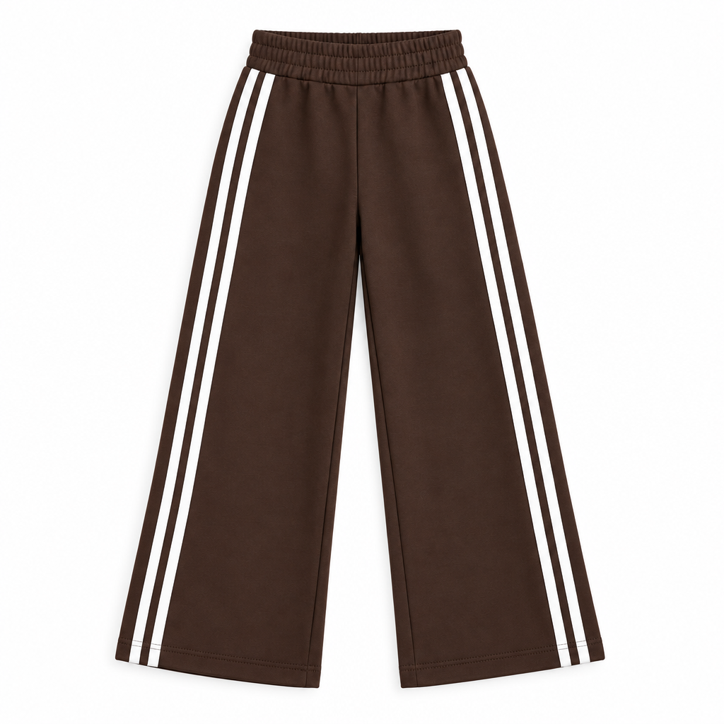 Wide-leg brown track pants with white stripes running down the outer side of each leg, featuring an elastic waistband.