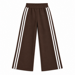 Wide-leg brown track pants with white stripes running down the outer side of each leg, featuring an elastic waistband.