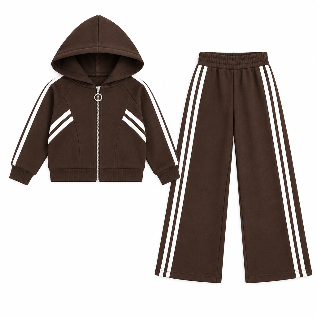 A girls two-piece tracksuit set in brown, featuring a zip-up hoodie with white diagonal stripes on the chest, paired with matching wide-leg pants with white side stripes.