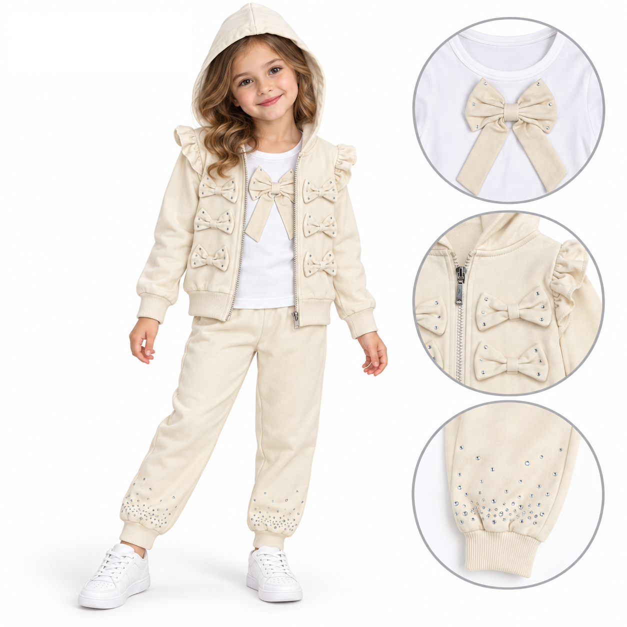 Girls cream 3 piece&nbsp; tracksuit featuring diamante bows across the zipper and t-shirt with coordinating coloured bottoms. Perfect for everyday wear or casual occasions.