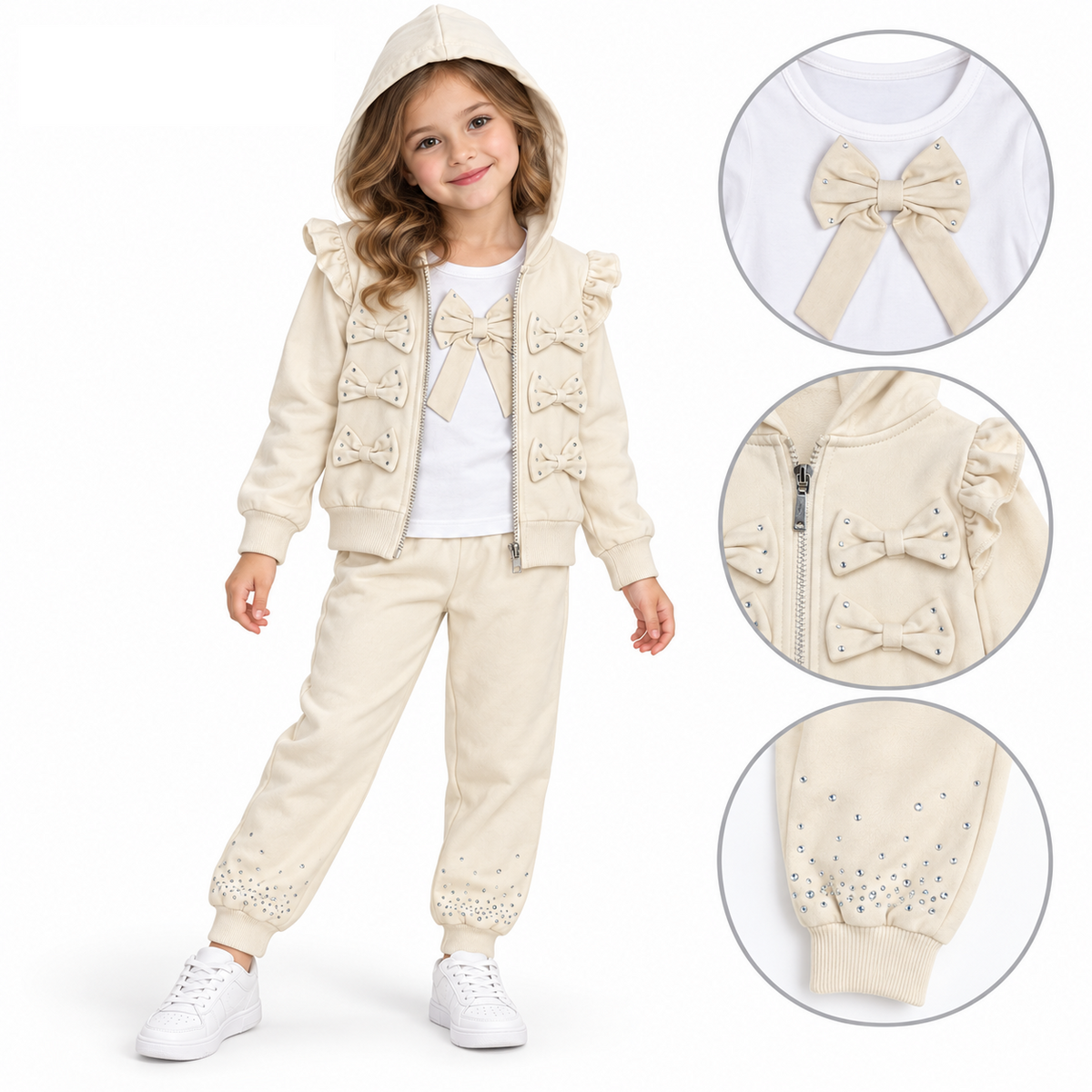 Girls cream 3 piece&nbsp; tracksuit featuring diamante bows across the zipper and t-shirt with coordinating coloured bottoms. Perfect for everyday wear or casual occasions.