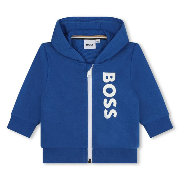 BOSS Infant Cotton/polyester fleece hooded jogging cardigan with zip fastening, side pockets, printed logo on the side, elasticated hem and cuffs. Electric Blue