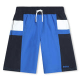 BOSS KIDS Polyester surfer, side pockets, elasticated waist with drawstring, printed stripe and logo, iconic stripe at back of waistband. Electric Blue