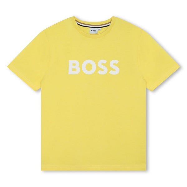 BOSS KIDS Short-sleeved T-shirt in 100% cotton jersey, round neck, logo printed on front. REGULAR FIT. Straw Yellow