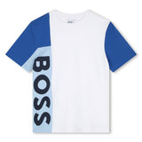 BOSS KIDS Short-sleeved T-shirt in 100% cotton jersey, sleeve and side panels, vertical BOSS logo printed on the side panel. LOOSE FIT White