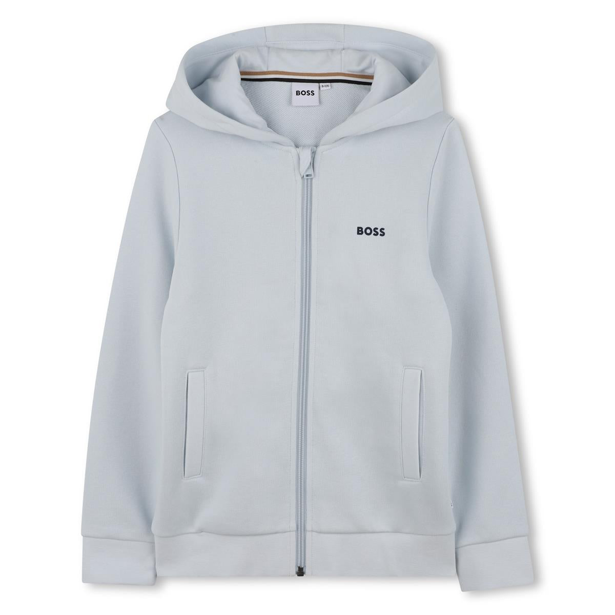 BOSS Kids Hooded cardigan in brushed cotton/polyester fleece, side pockets, logo printed on the chest, front zip fastening
