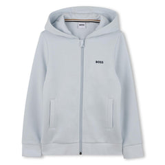 BOSS Kids Hooded cardigan in brushed cotton/polyester fleece, side pockets, logo printed on the chest, front zip fastening