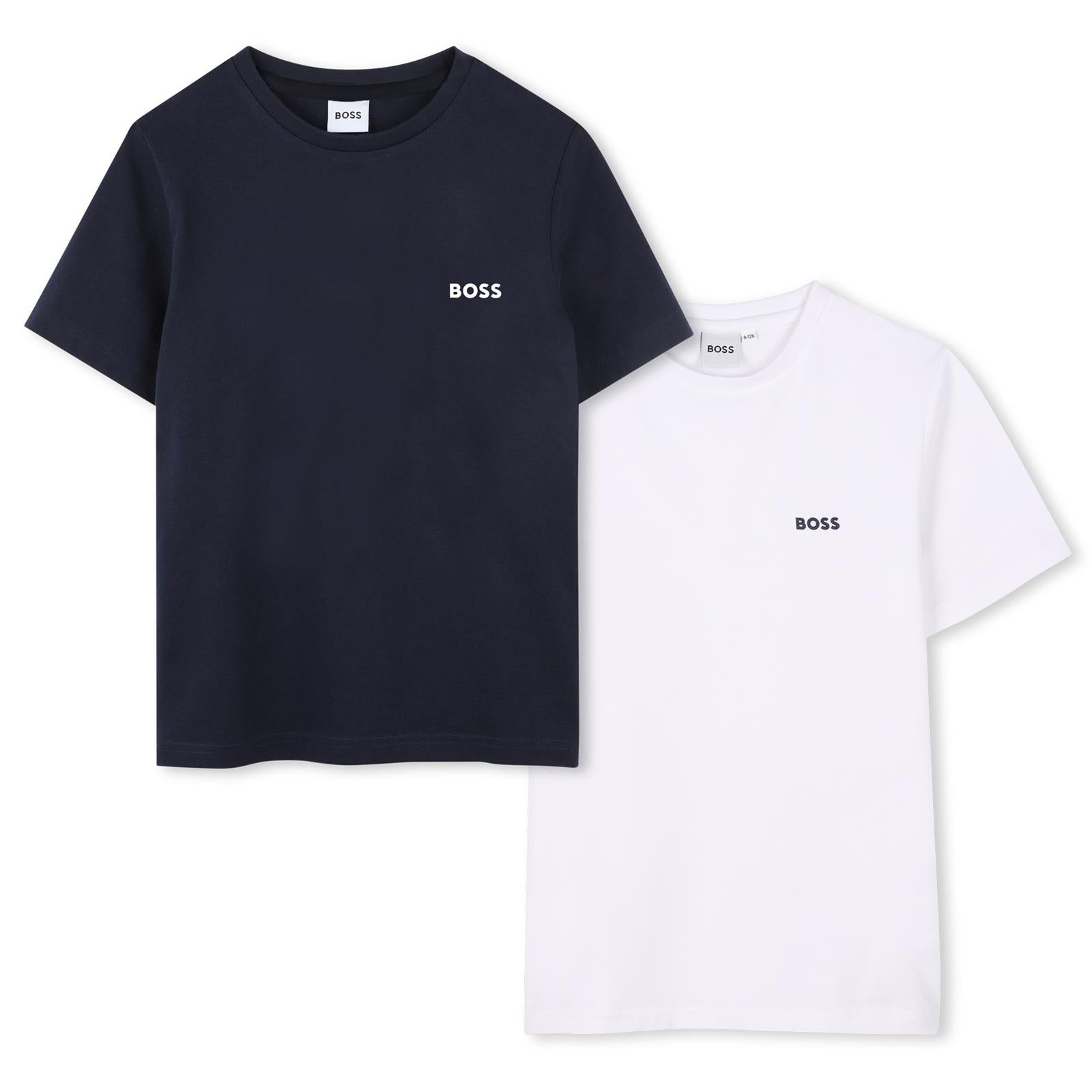 BOSS Kids Set of two 100% soft cotton jersey T-shirts, "BOSS" logo printed on the chest. SLIM FIT. Navy/White