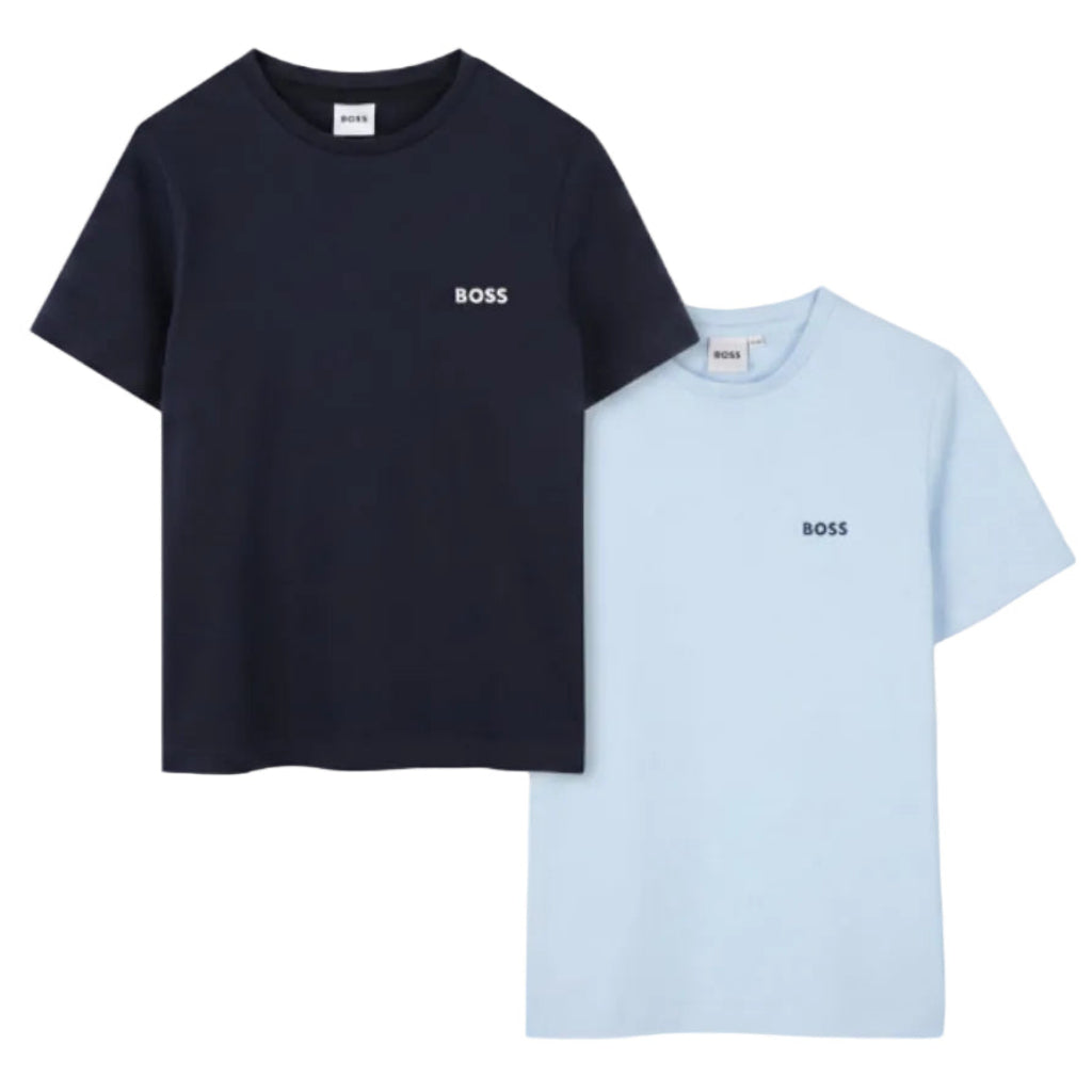 BOSS Kids Set of two 100% soft cotton jersey T-shirts, "BOSS" logo printed on the chest. SLIM FIT. Pale Blue/Navy