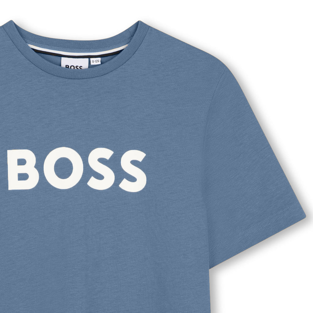BOSS Kids Short-sleeved T-shirt in 100% cotton jersey, "BOSS" print on front. REGULAR FIT Lavender Blue