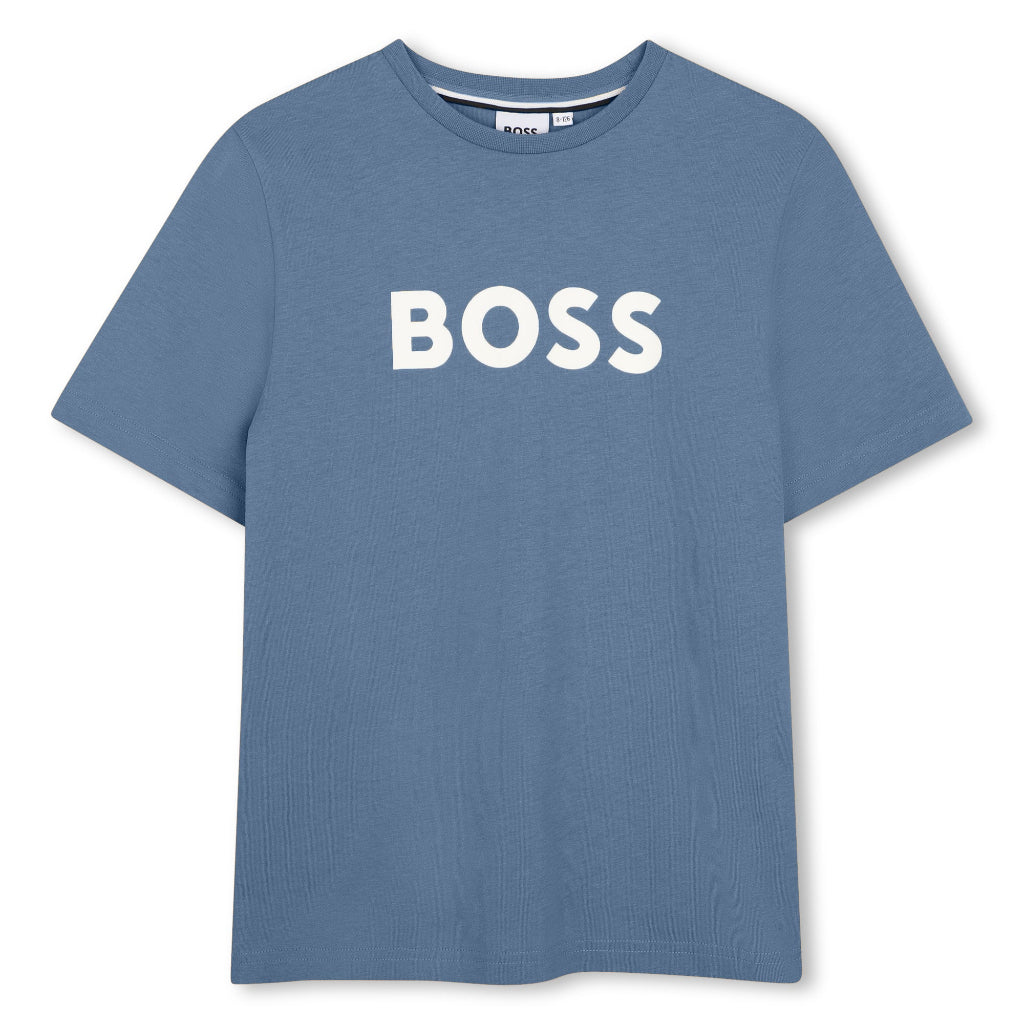 BOSS Kids T-shirt in 100% cotton jersey, "BOSS" print on front, paired with surfer swim shorts. REGULAR FIT Lavender Blue