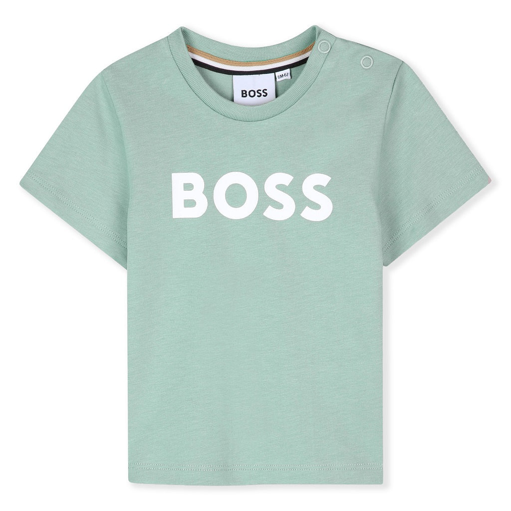 BOSS Baby Boys Short-sleeved T-shirt in 100% cotton jersey, snap closure at the shoulder, "BOSS" print on the front. Sprout Green