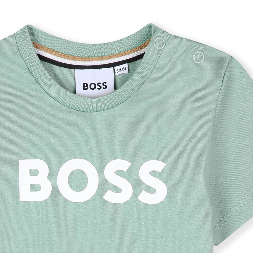 BOSS Baby Boys Short-sleeved T-shirt in 100% cotton jersey, snap closure at the shoulder, "BOSS" print on the front. Sprout Green