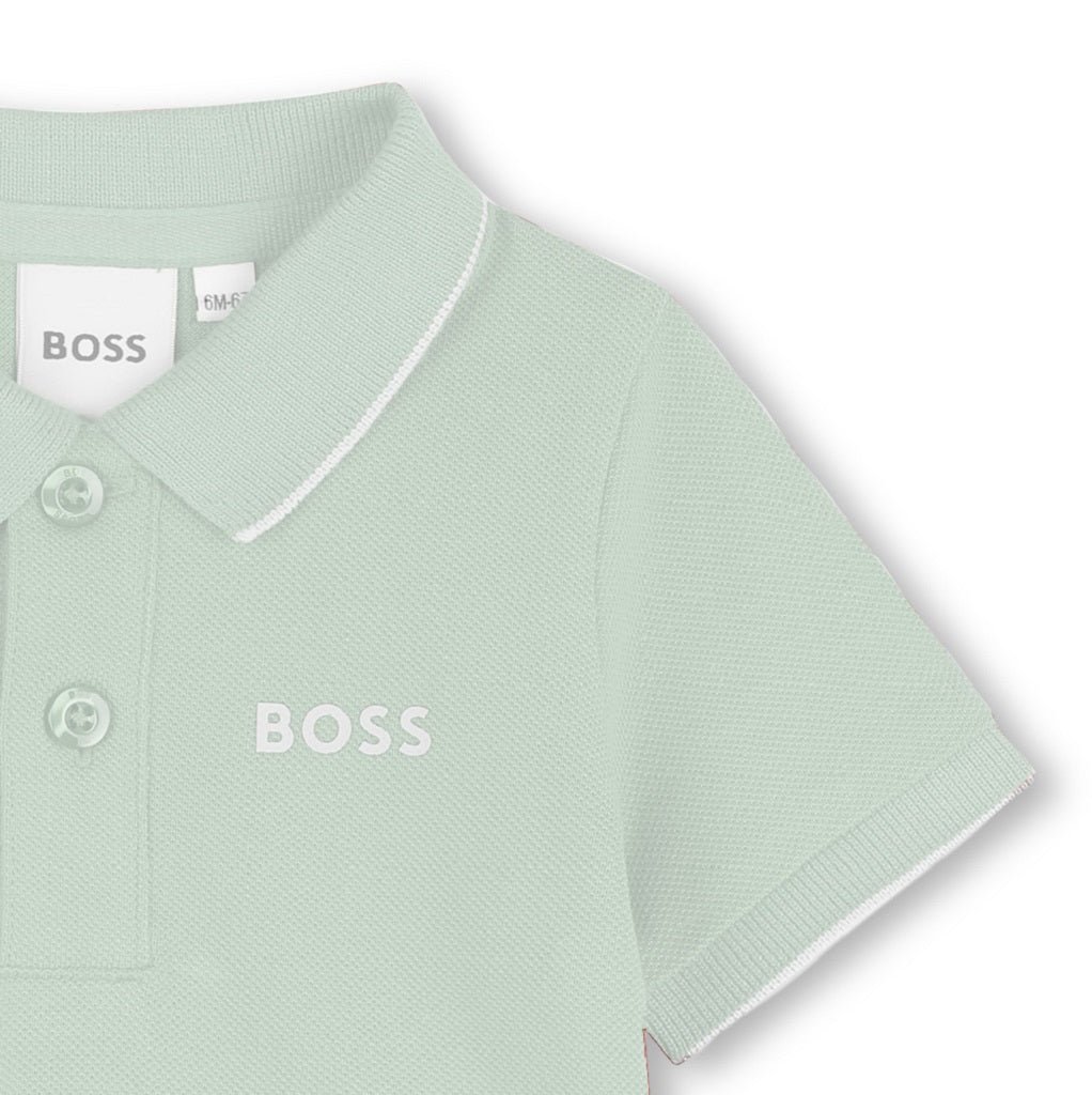 BOSS Baby Boys 100% cotton piqué polo shirt with button closure, woven label on the side, contrast "BOSS" print on the chest. Sprout Green