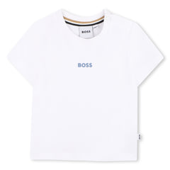 BOSS Baby Boys Short-sleeved T-shirt in cotton-elastane piqué. Small BOSS logo centered on chest. BOSS reaper. BOSS color gradient graphic on back. White