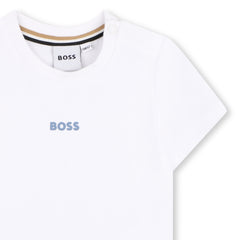 BOSS Baby Boys Short-sleeved T-shirt in cotton-elastane piqué. Small BOSS logo centered on chest. BOSS reaper. BOSS color gradient graphic on back. White
