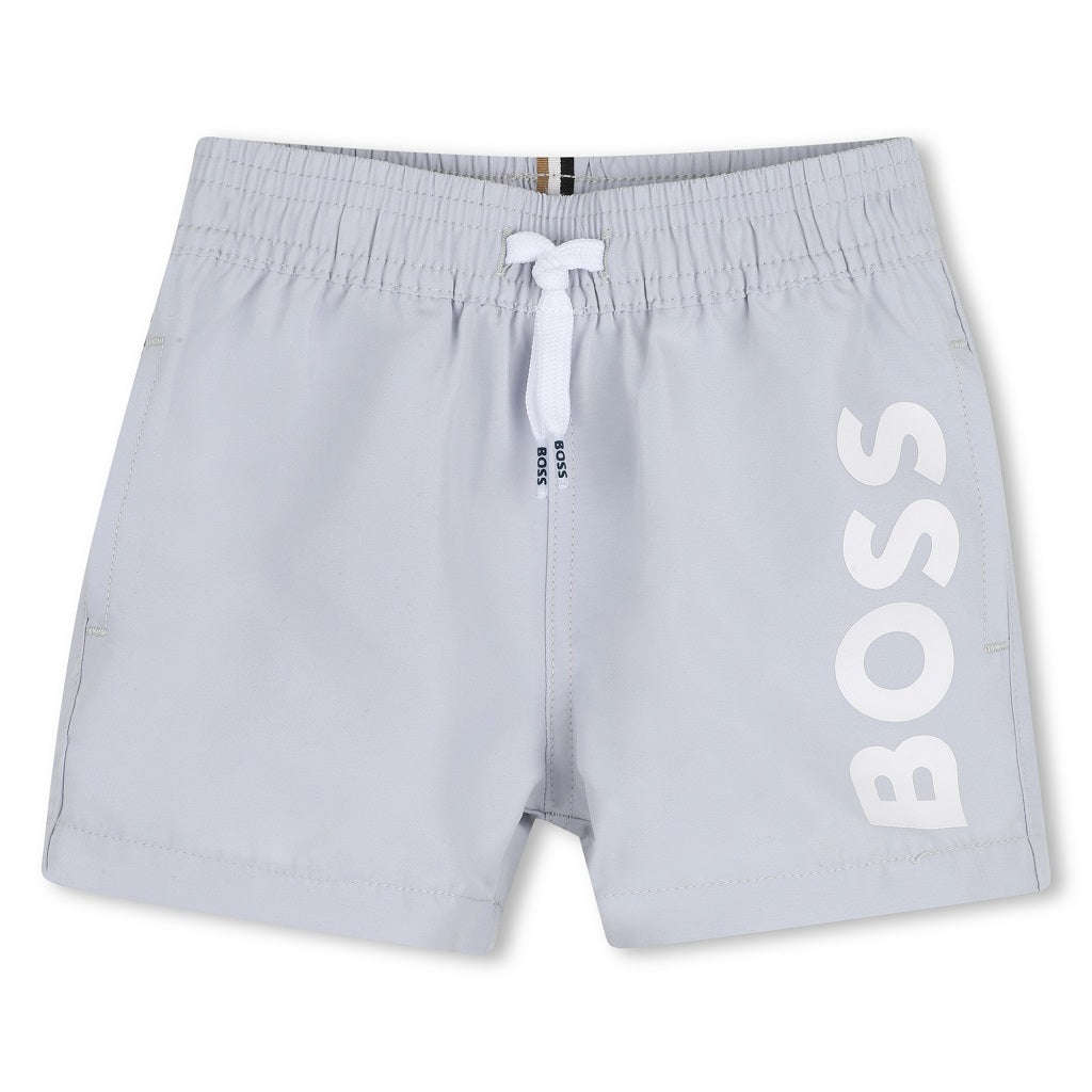BOSS Baby Boys Permanent surfer with seasonal colors. Elasticated waistband and drawcord. Large horizontal BOSS logo. Pale Blue