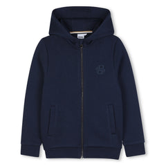 Brushed fleece hooded jogging cardigan. Zip closure. Double B fake leather badge on the chest. Navy
