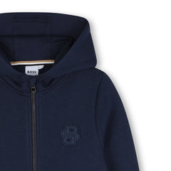 Brushed fleece hooded jogging cardigan. Zip closure. Double B fake leather badge on the chest. LARGE FIT. Navy