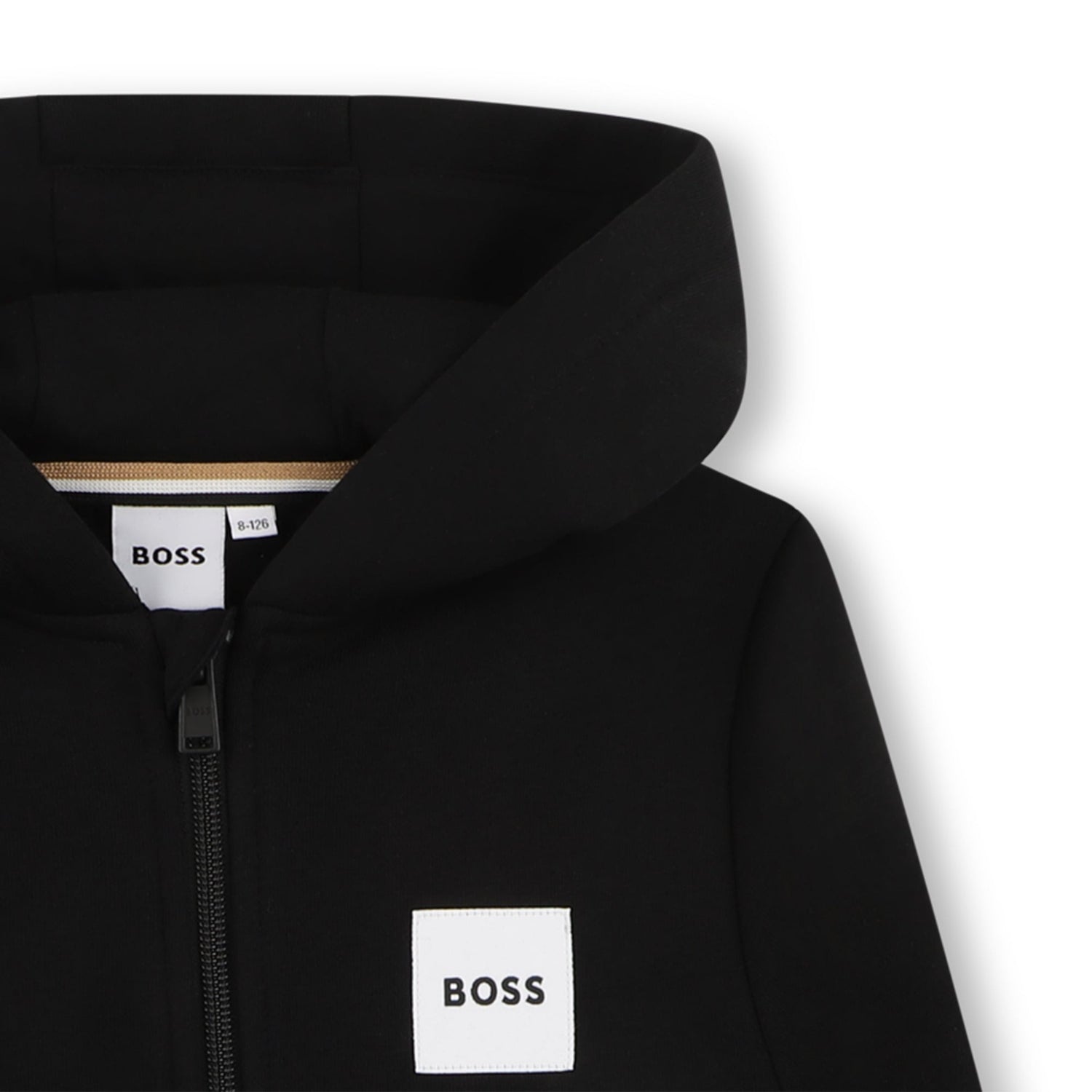 Close-up of a black hooded zip-up sweatshirt with a white square BOSS logo patch on the chest and a visible BOSS neck label