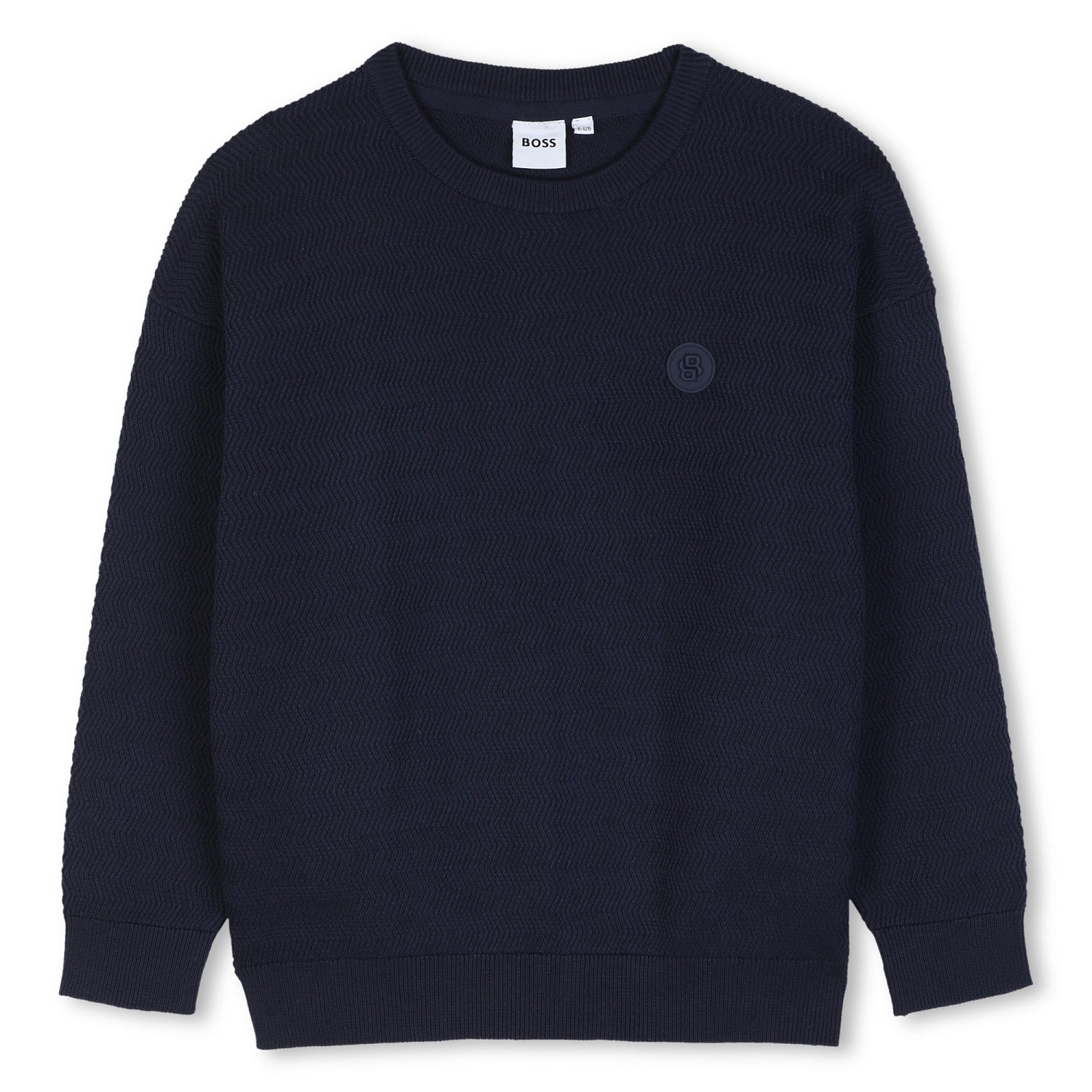 Knit sweater with fancy stitch patterns. Double B rubber badge on the chest. Raiser BOSS. Navy 100% Cotton