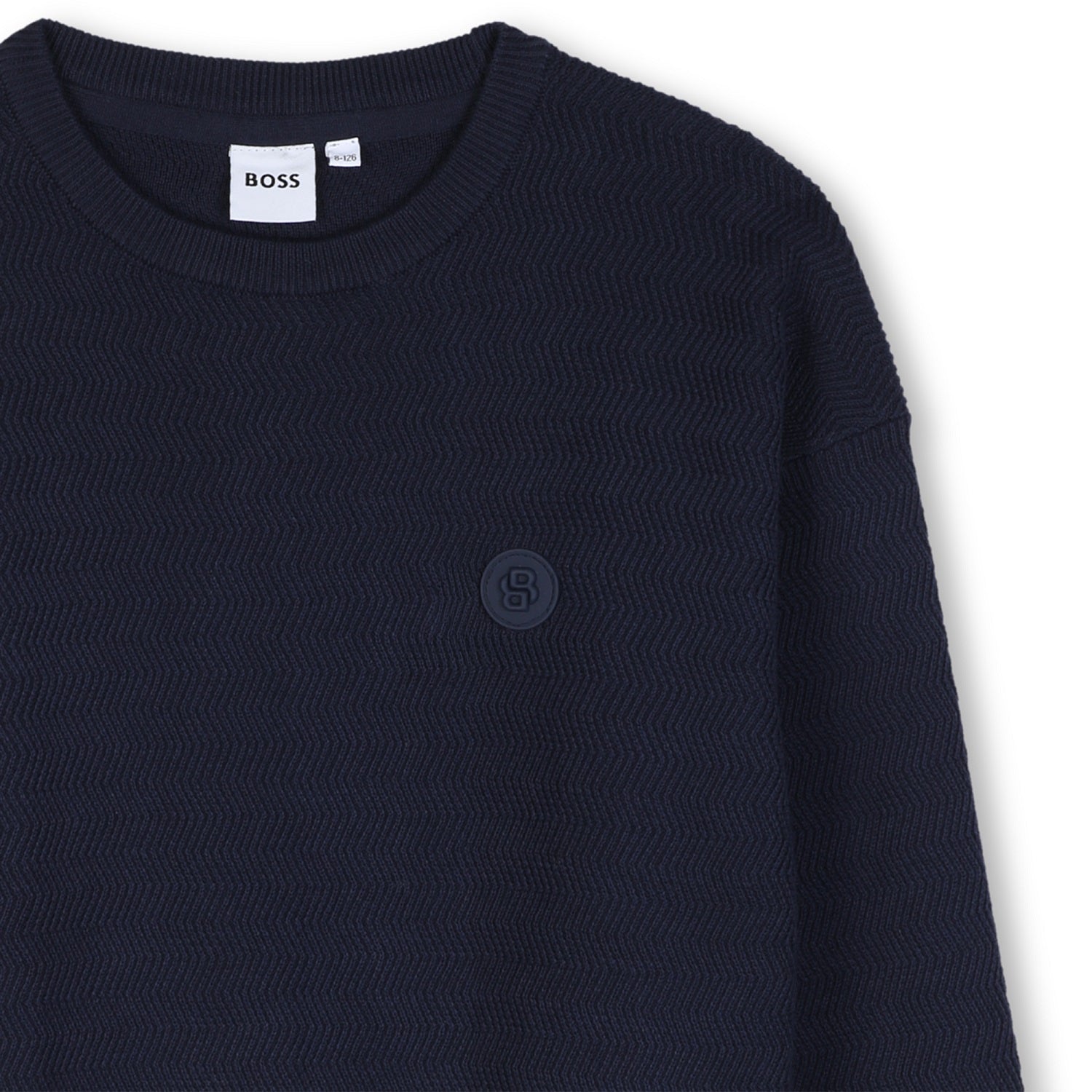 Knit sweater with fancy stitch patterns. Double B rubber badge on the chest. Raiser BOSS. Navy 100% Cotton