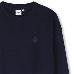 Knit sweater with fancy stitch patterns. Double B rubber badge on the chest. Raiser BOSS. Navy 100% Cotton