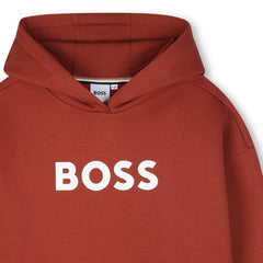Hooded sweatshirt in fleece, cotton, polyester. Large BOSS logo centered on chest. Front pocket. LOOSE FIT. Crimson
