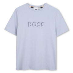 Short-sleeved jersey T-shirt, cotton, large BOSS logo centered on chest. Pale Blue