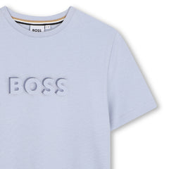 Short-sleeved jersey T-shirt, cotton, large BOSS logo centered on chest. Pale Blue
