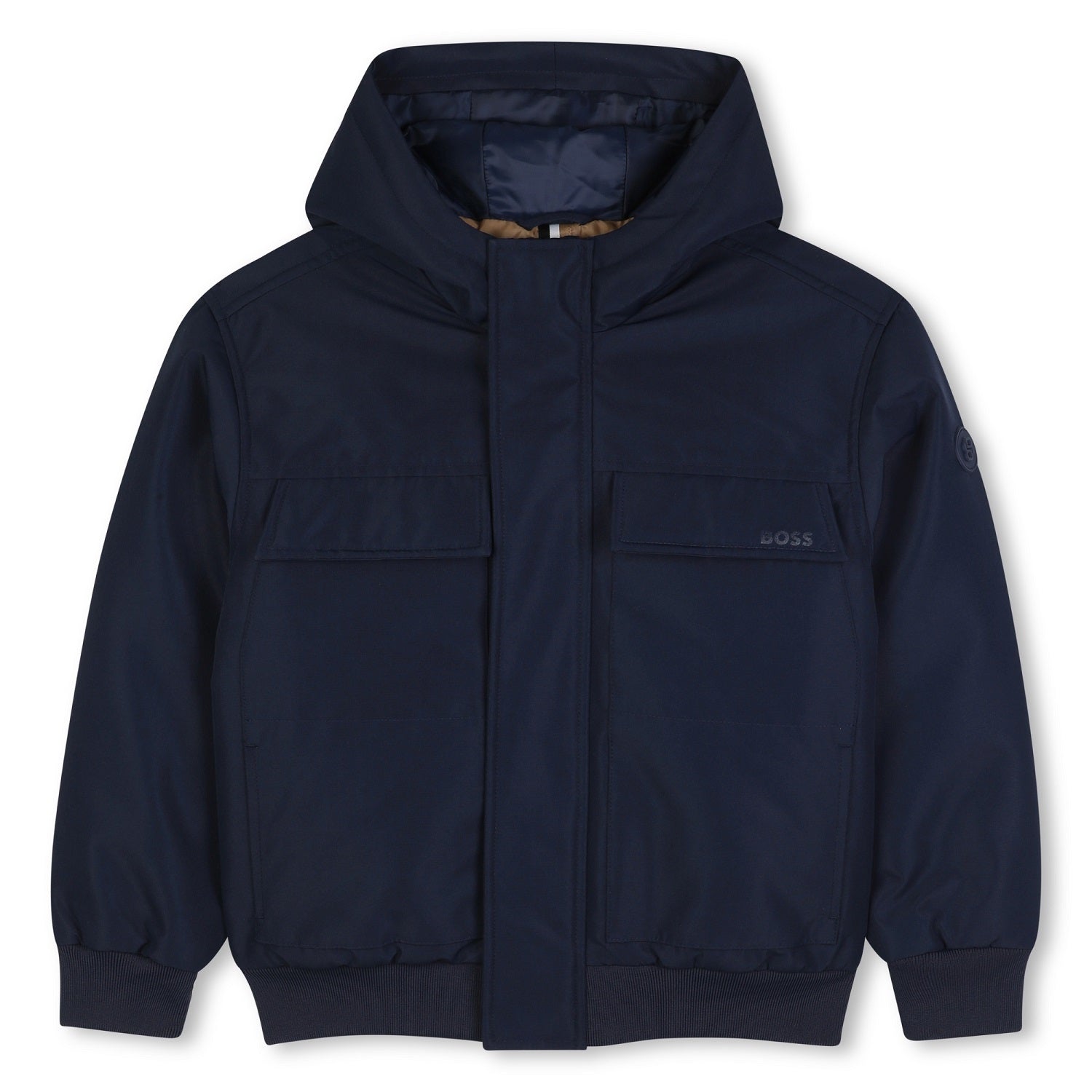 Hooded oxford jacket. Zip closure. Flap pocket and side pockets. BOSS logo on the chest. Navy