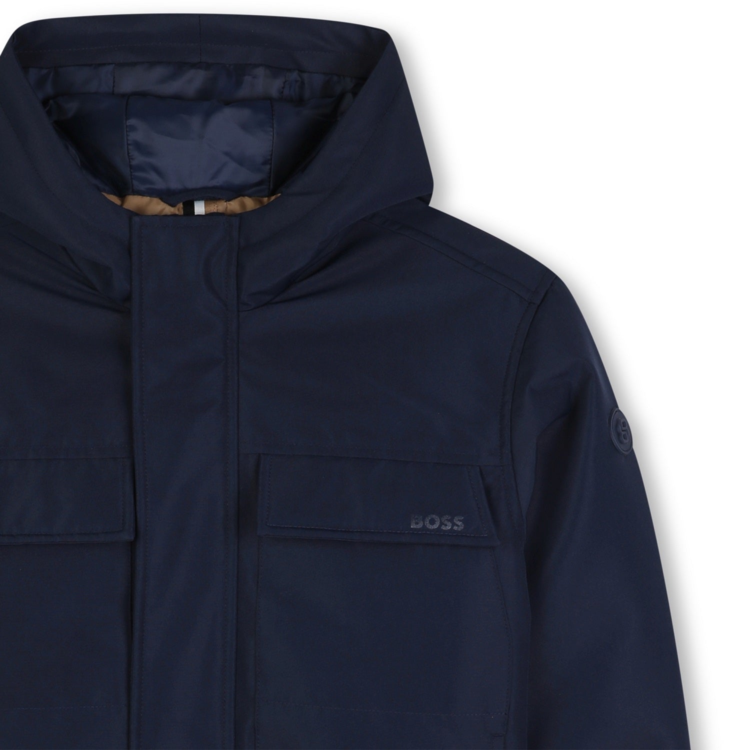 Hooded oxford jacket. Zip closure. Flap pocket and side pockets. BOSS logo on the chest. Navy