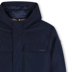 Hooded oxford jacket. Zip closure. Flap pocket and side pockets. BOSS logo on the chest. Navy