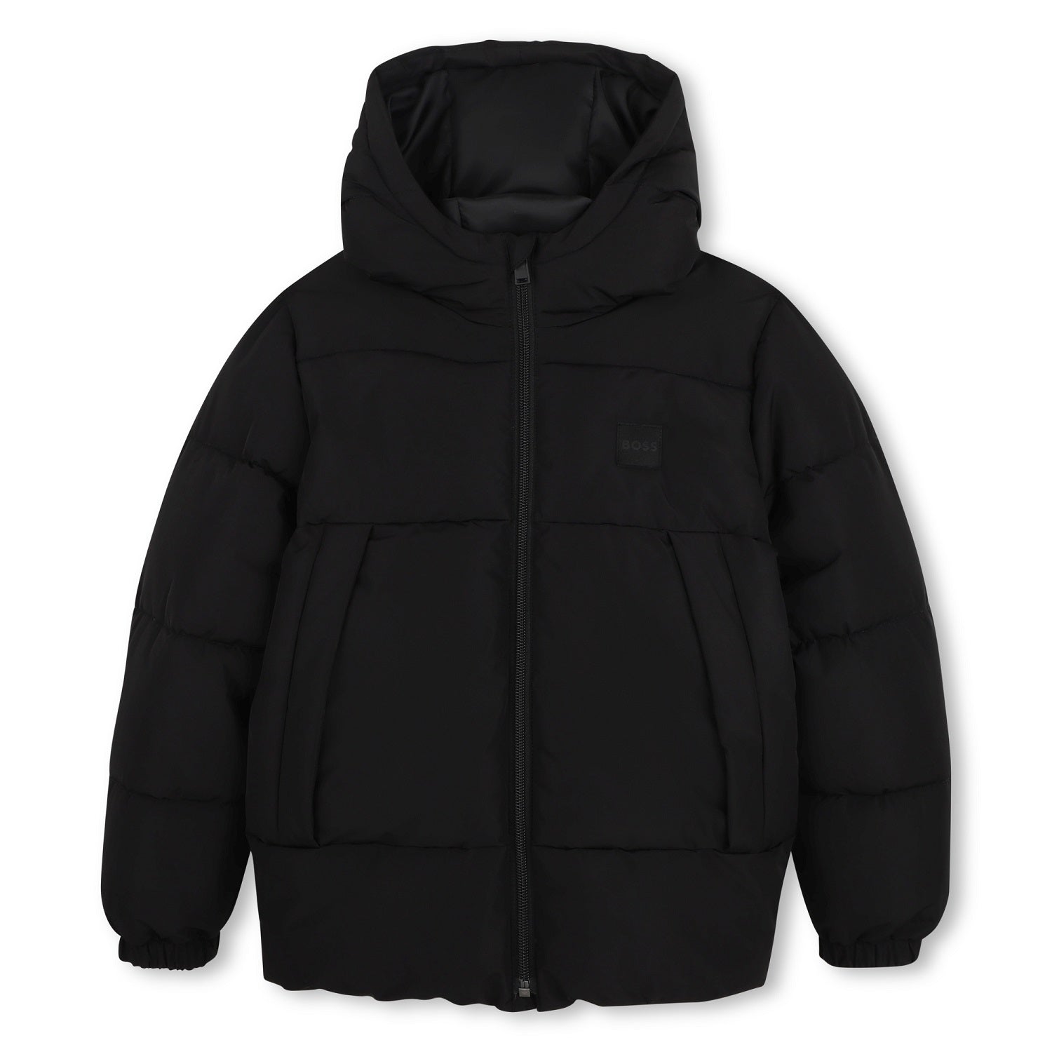 Hooded puffer jacket made primarily from recycled polyester. Zip closure. Tone-on-tone BOSS badge on the chest. Two storm pockets at the front. Elasticated cuffs. Black