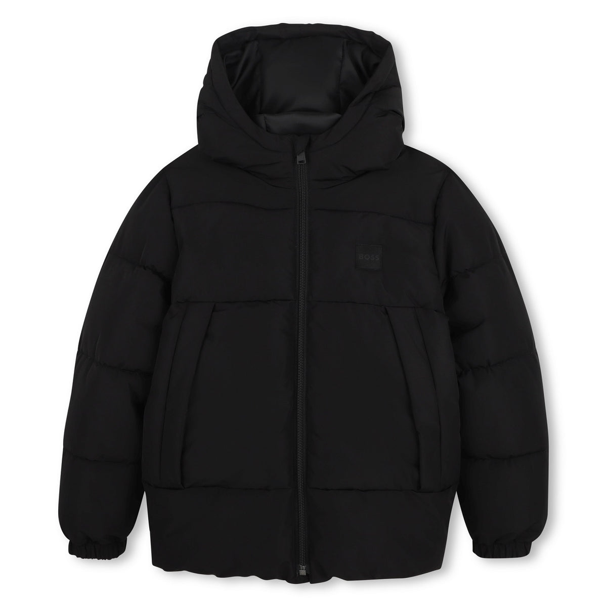 Hooded puffer jacket made primarily from recycled polyester. Zip closure. Tone-on-tone BOSS badge on the chest. Two storm pockets at the front. Elasticated cuffs. Black