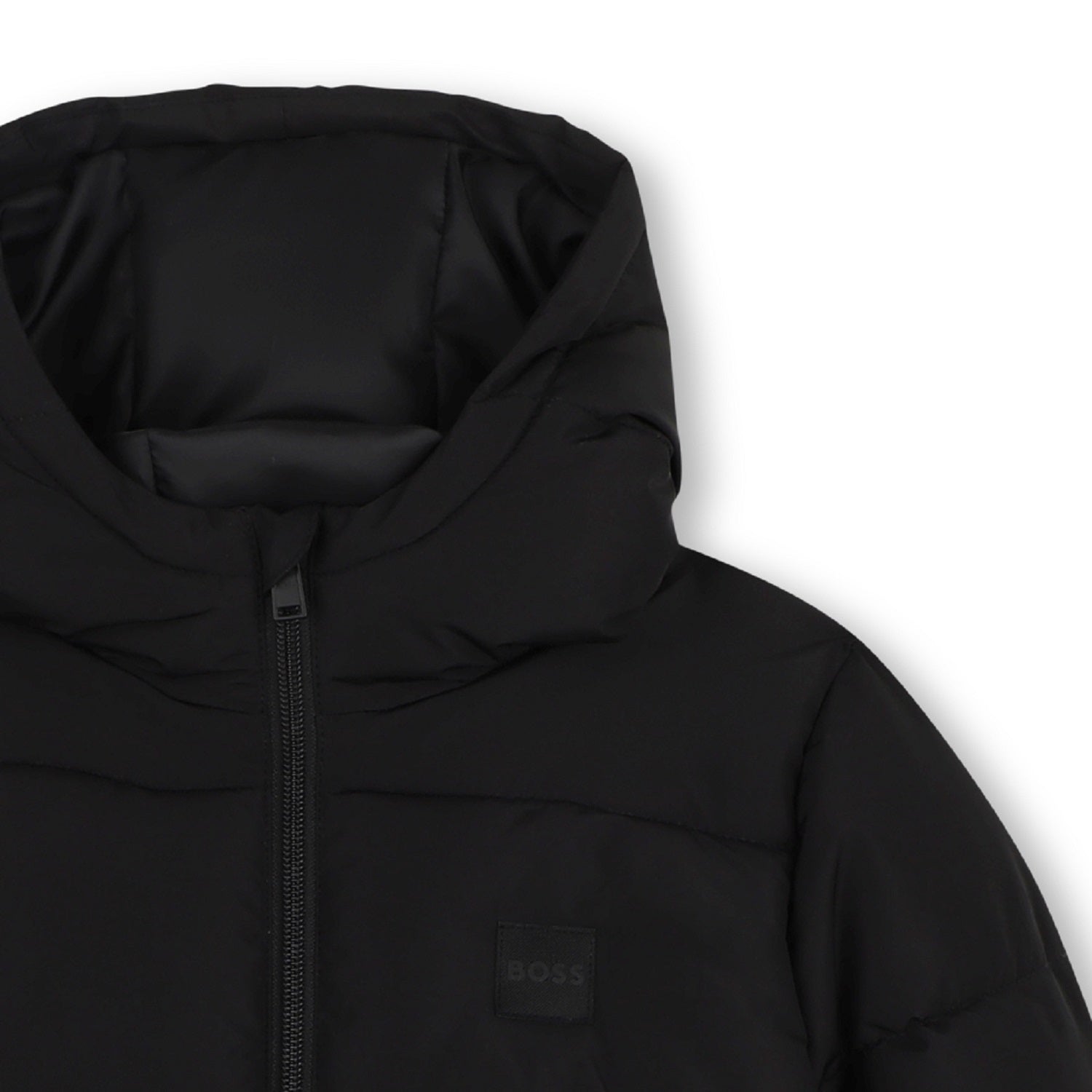 Hooded puffer jacket made primarily from recycled polyester. Zip closure. Tone-on-tone BOSS badge on the chest. Two storm pockets at the front. Elasticated cuffs. Black