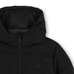 Hooded puffer jacket made primarily from recycled polyester. Zip closure. Tone-on-tone BOSS badge on the chest. Two storm pockets at the front. Elasticated cuffs. Black