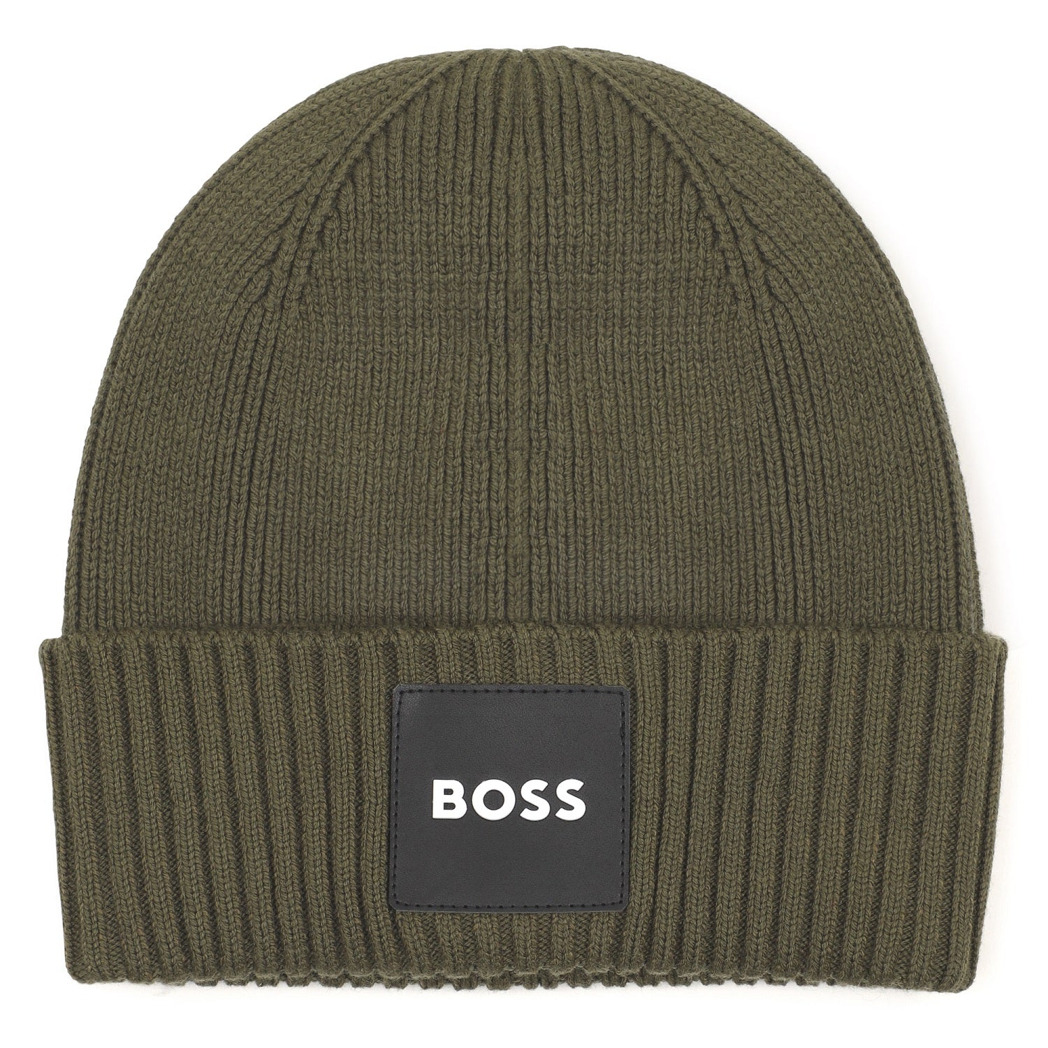BOSS Kids Knit beanie with branded badge. Olive Night
