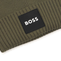 BOSS Kids Knit beanie with branded badge. Olive Night