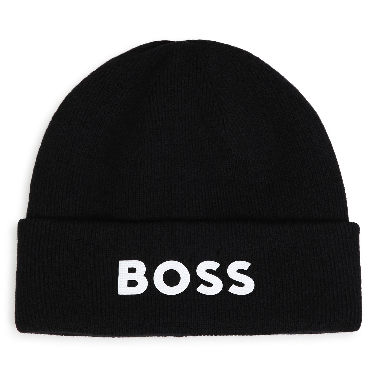BOSS Kids Knit beanie in double layer. Branded spike print. Black